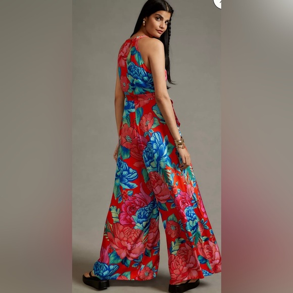 Farm Rio x Anthropologie Floral Printed Halter Wide Leg Jumpsuit size XS - Picture 2 of 15